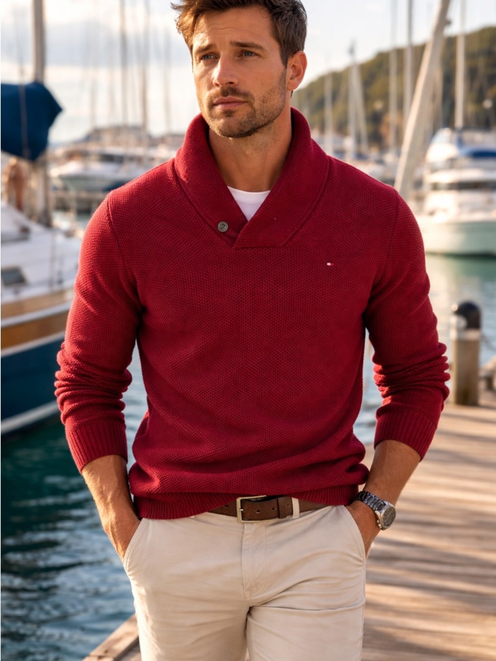 Tommy Hilfiger Men's V-Neck Shawl Collar Sweater in Red. - large